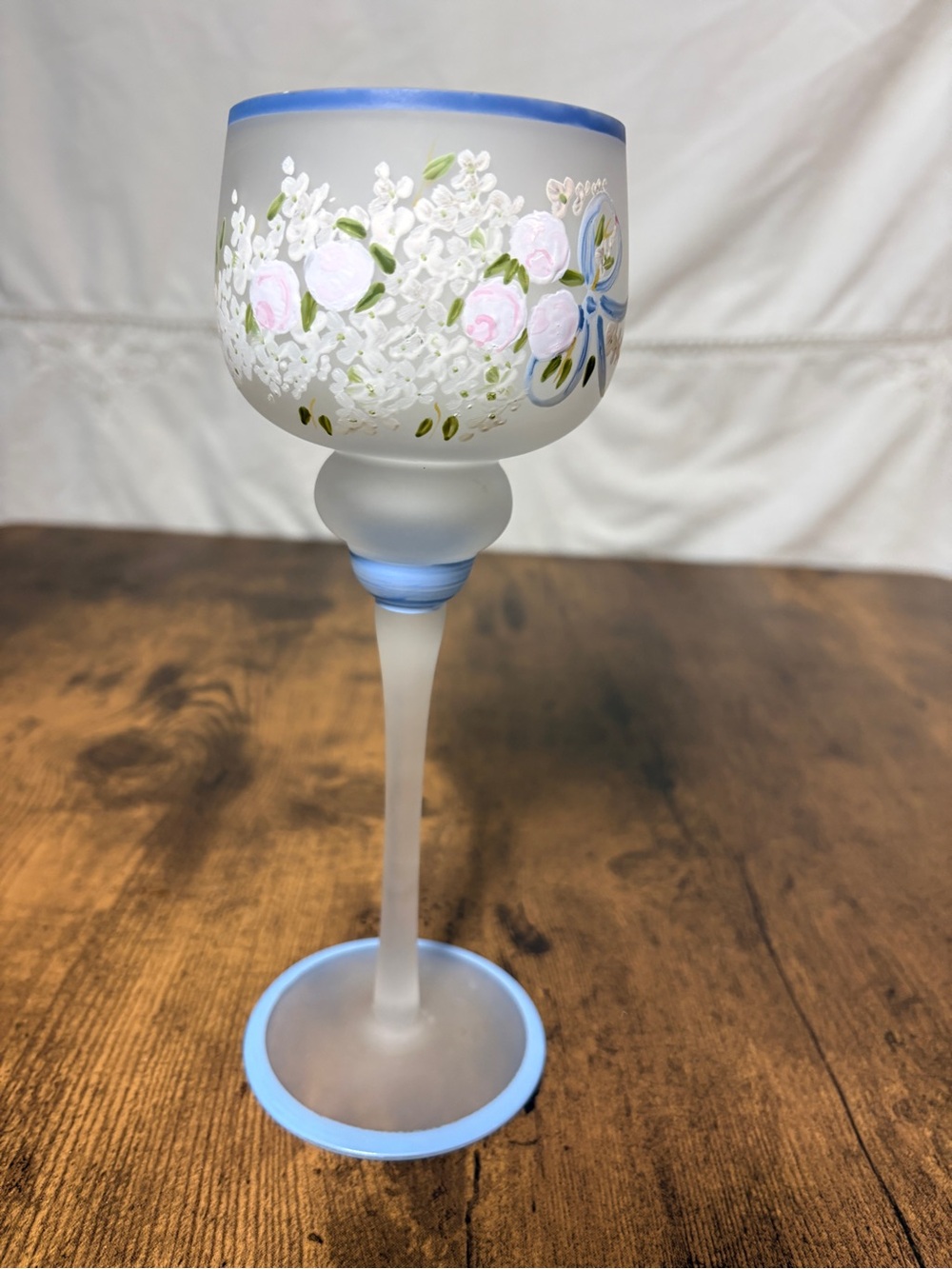 Hand-Painted Frosted Wine Giblet Candle Holder with Blue Trim